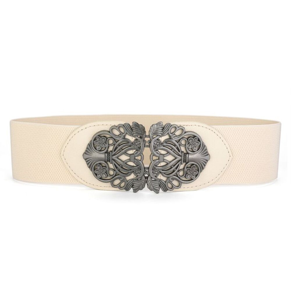 Wide Elastic Vintage High Stretchy Retro Waist Belt with Buckle White